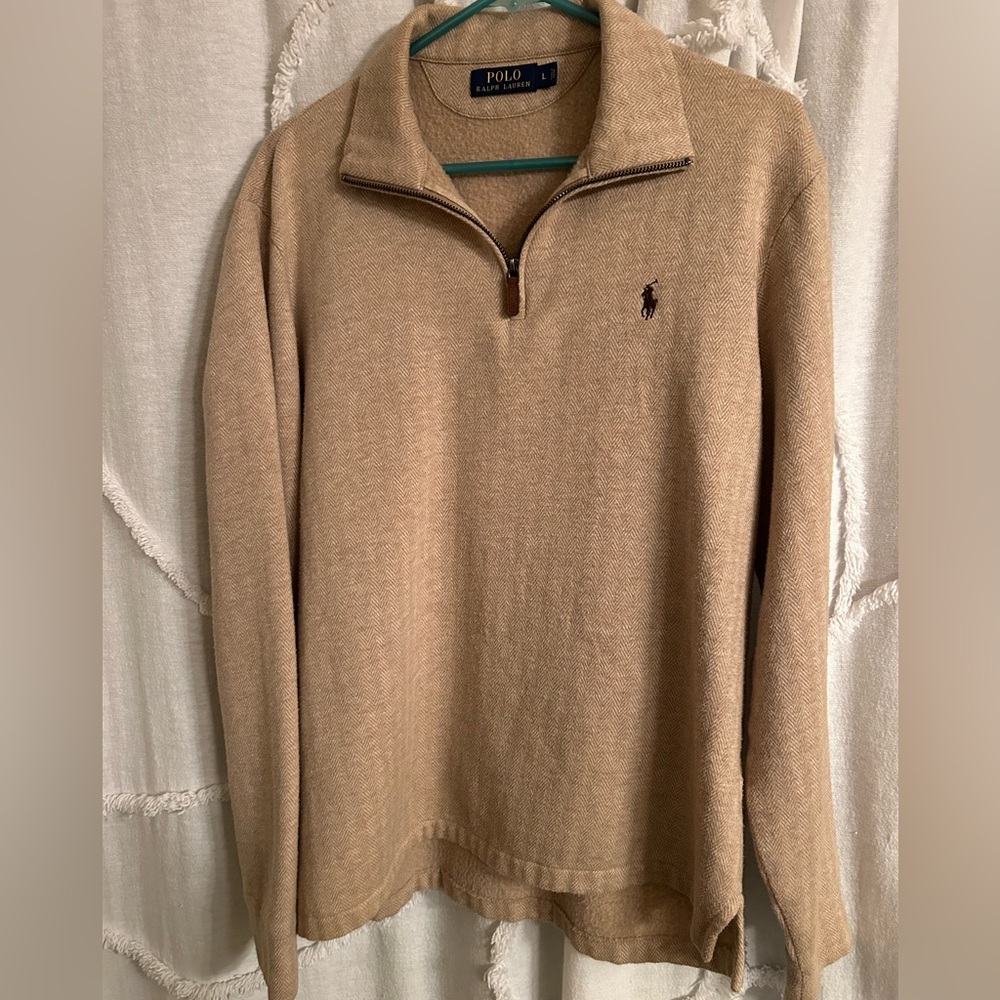 Polo Ralph Lauren Men’s 1/4 Zip Pullover Sweater‎ Herringbone Bone Design SizeL